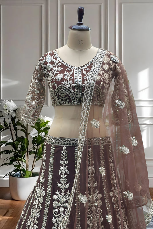Trendy Chocolate Brown Heavy Embroidered Butterfly Net Lehenga Choli with Dupatta