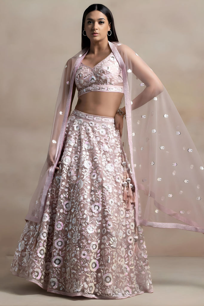 Wonderful Blush Pink Net Sequins Embroidered Bridal Lehenga Choli Designer Dupatta