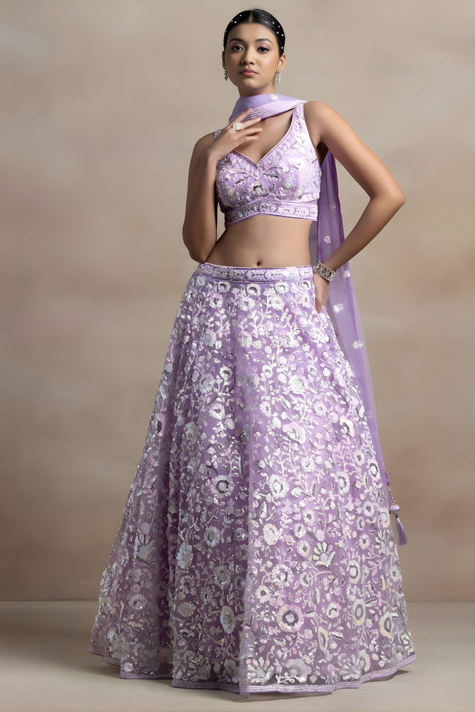 Beautiful Lavender Net Sequins Embroidered Bridal Lehenga Choli Designer Dupatta