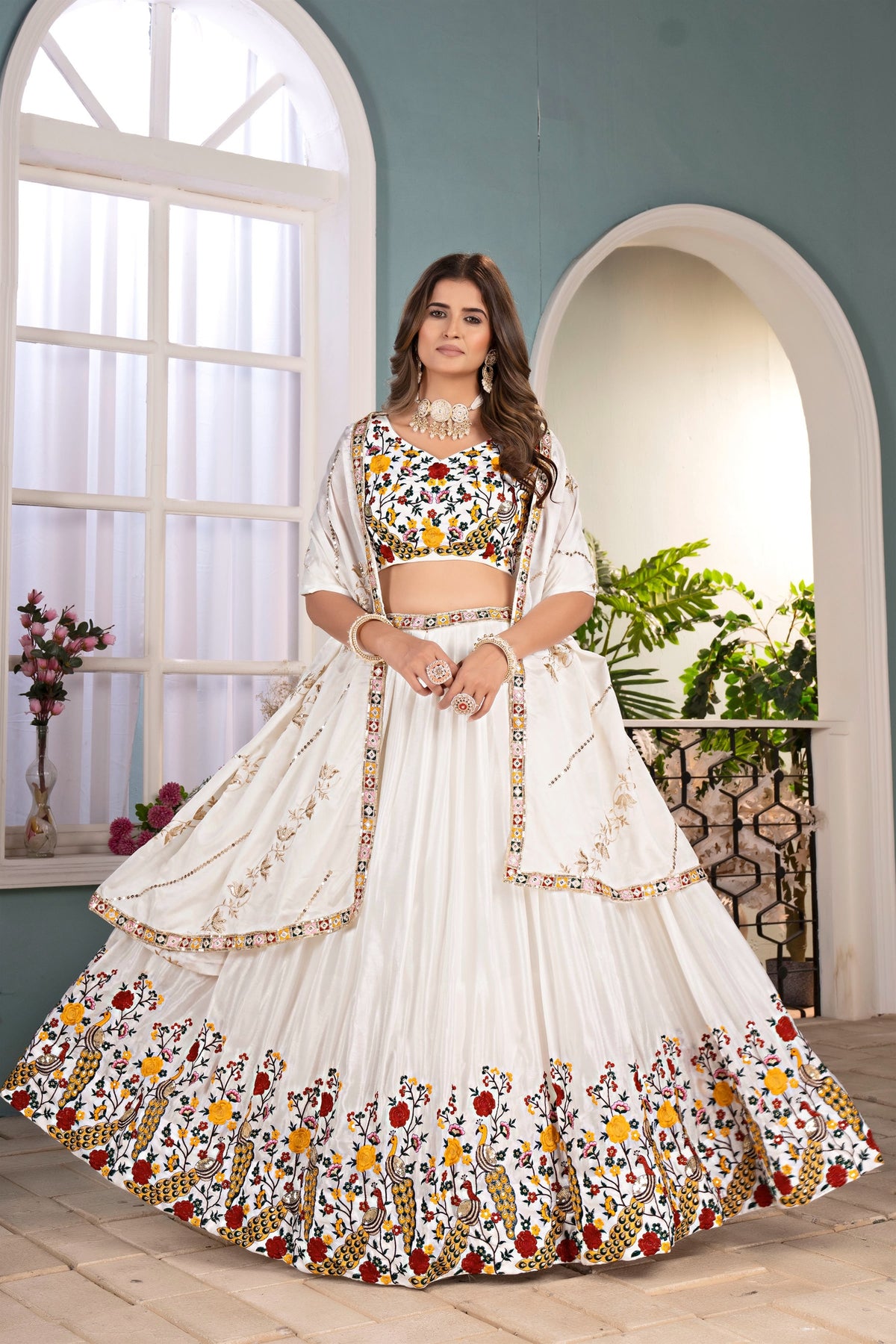 Exquisite White Chinon Silk Designer Lehenga Choli with Floral Embroidery and Dupatta for Women