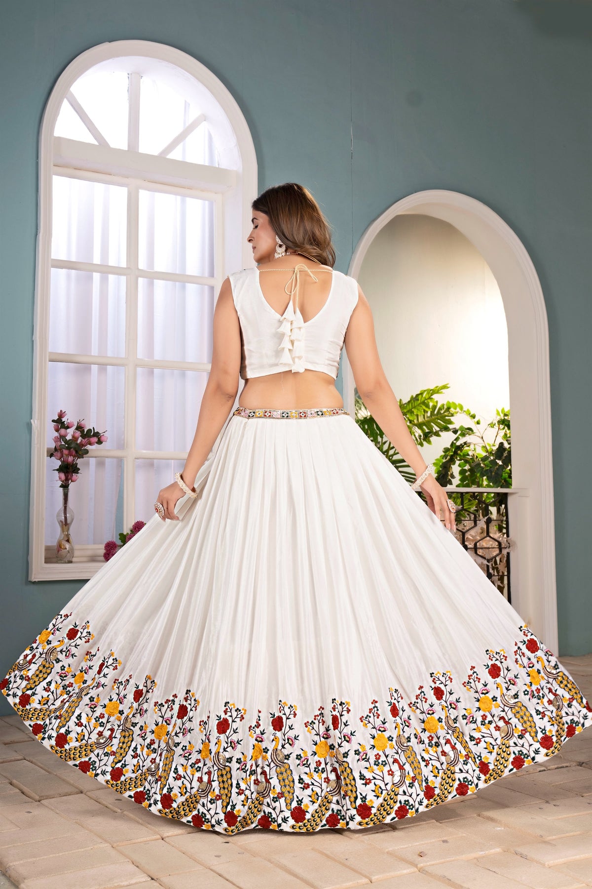 Exquisite White Chinon Silk Designer Lehenga Choli with Floral Embroidery and Dupatta for Women