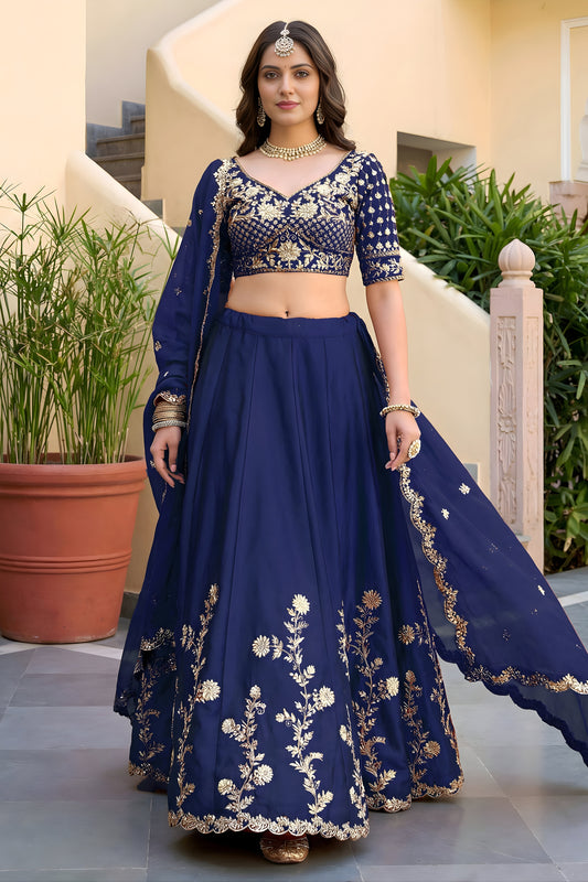 Royal Navy Blue Rangoli Silk Lehenga Choli with Embroidery Work and Matching Dupatta