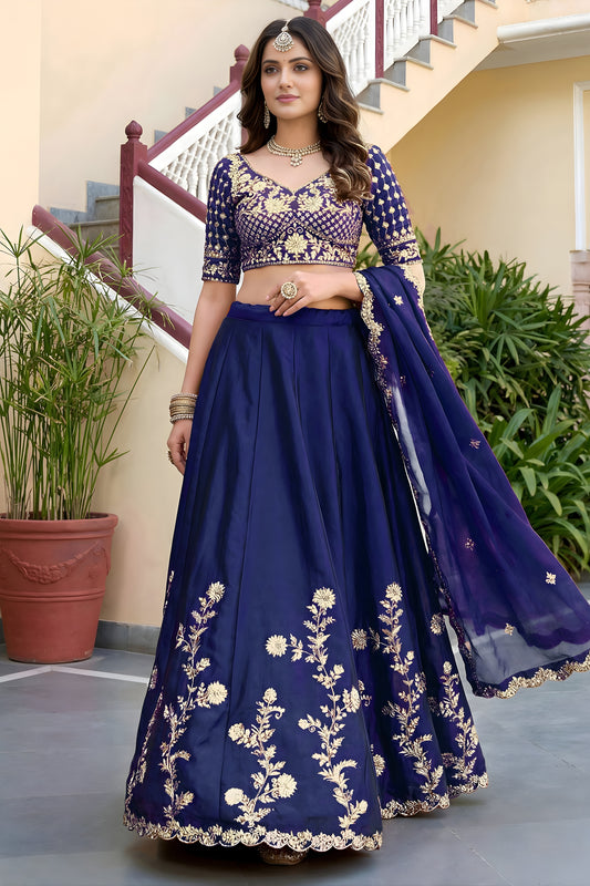 Royal Navy Blue Rangoli Silk Lehenga Choli with Embroidery Work and Matching Dupatta