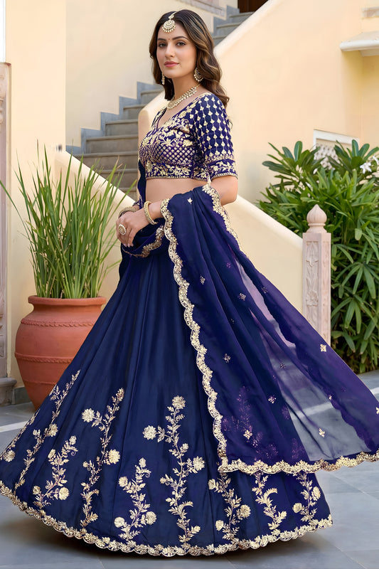 Royal Navy Blue Rangoli Silk Lehenga Choli with Embroidery Work and Matching Dupatta