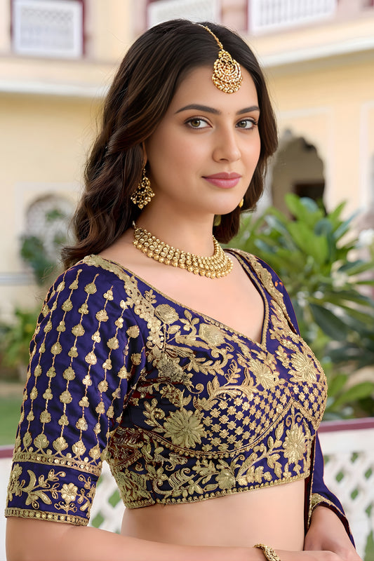 Royal Navy Blue Rangoli Silk Lehenga Choli with Embroidery Work and Matching Dupatta