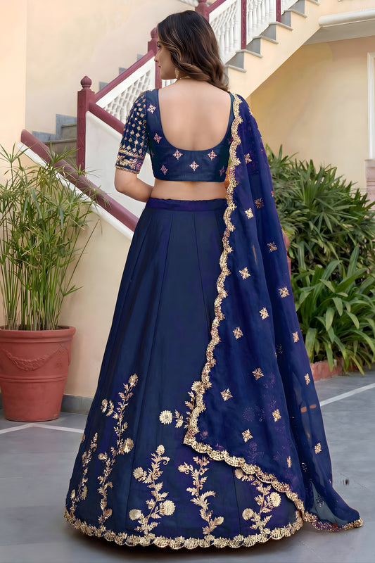 Royal Navy Blue Rangoli Silk Lehenga Choli with Embroidery Work and Matching Dupatta