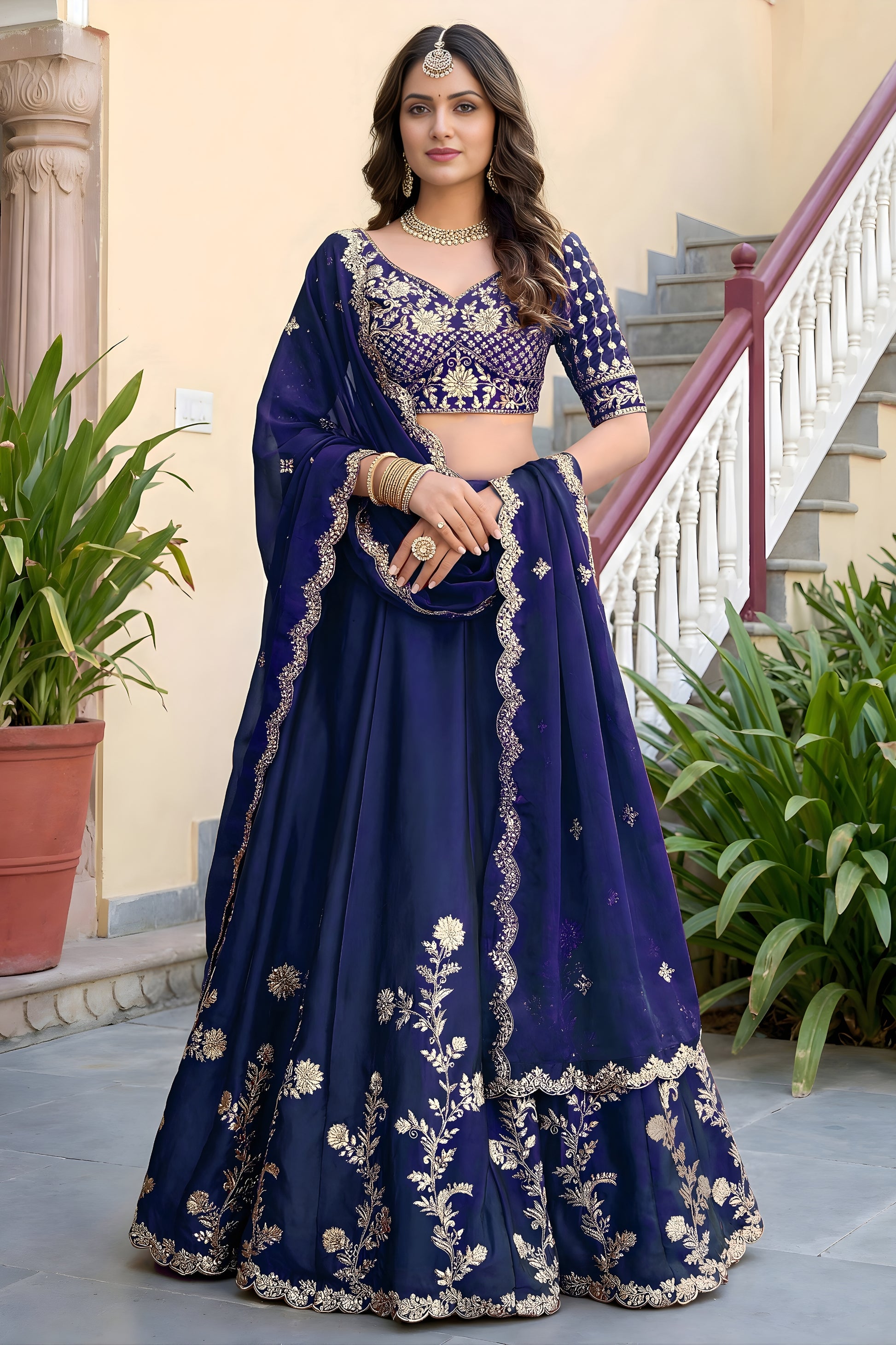 Royal Navy Blue Rangoli Silk Lehenga Choli with Embroidery Work and Matching Dupatta