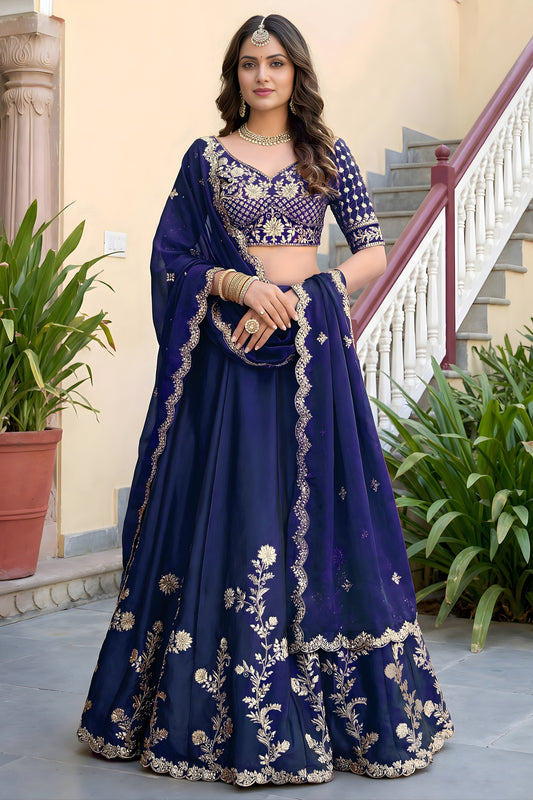 Royal Navy Blue Rangoli Silk Lehenga Choli with Embroidery Work and Matching Dupatta