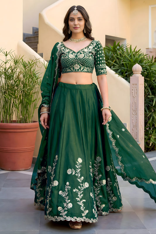 Stylish Rama Green Rangoli Silk Lehenga Choli with Embroidery Work and Matching Dupatta