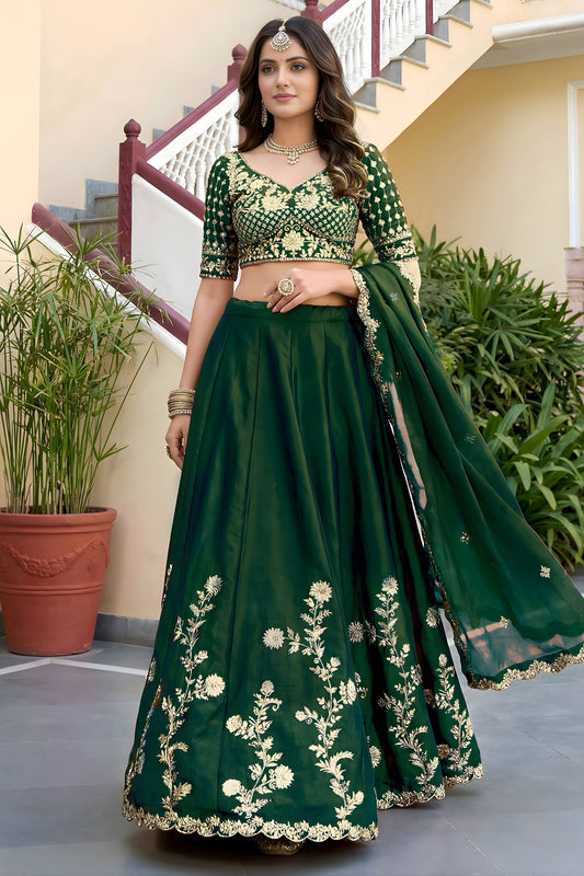 Stylish Rama Green Rangoli Silk Lehenga Choli with Embroidery Work and Matching Dupatta
