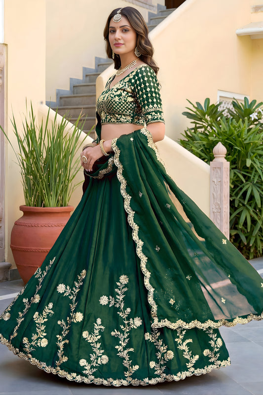 Stylish Rama Green Rangoli Silk Lehenga Choli with Embroidery Work and Matching Dupatta