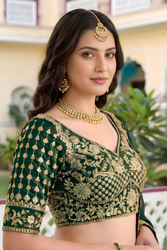 Stylish Rama Green Rangoli Silk Lehenga Choli with Embroidery Work and Matching Dupatta
