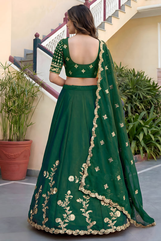Stylish Rama Green Rangoli Silk Lehenga Choli with Embroidery Work and Matching Dupatta