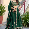 Stylish Rama Green Rangoli Silk Lehenga Choli with Embroidery Work and Matching Dupatta