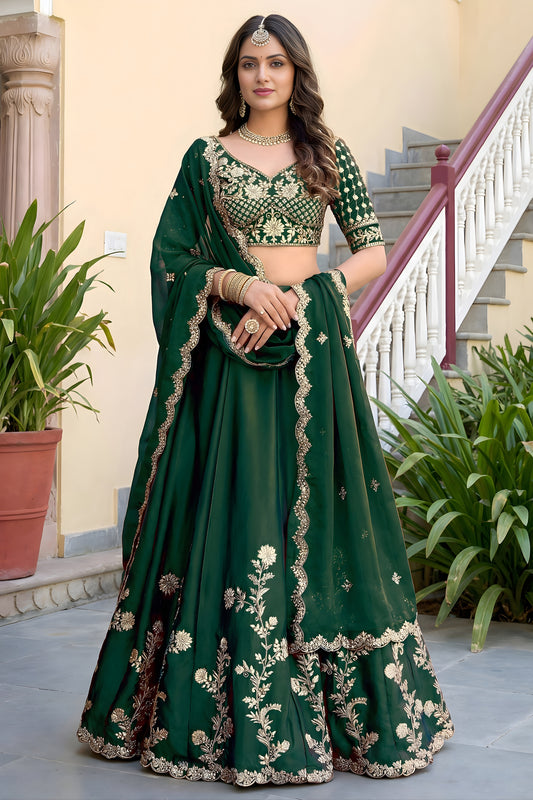 Stylish Rama Green Rangoli Silk Lehenga Choli with Embroidery Work and Matching Dupatta