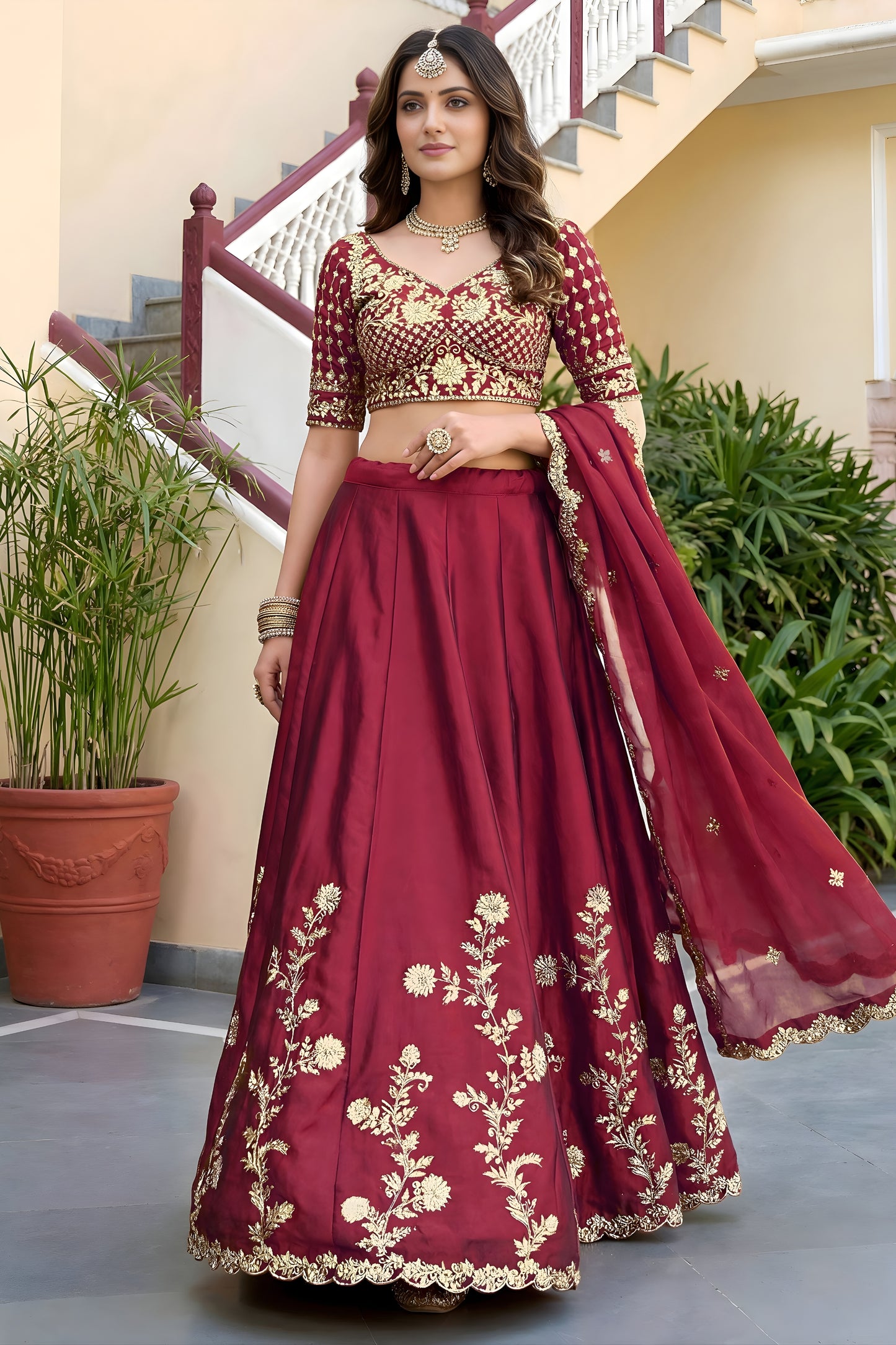 Elegant Maroon Rangoli Silk Lehenga Choli with Embroidery Work and Matching Dupatta