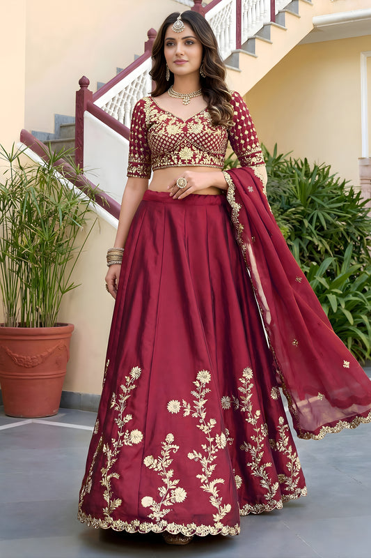 Elegant Maroon Rangoli Silk Lehenga Choli with Embroidery Work and Matching Dupatta