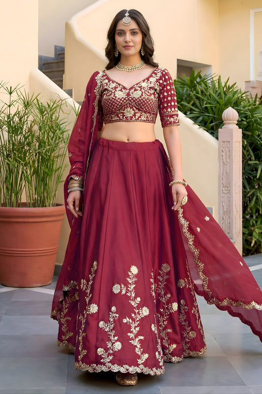 Elegant Maroon Rangoli Silk Lehenga Choli with Embroidery Work and Matching Dupatta