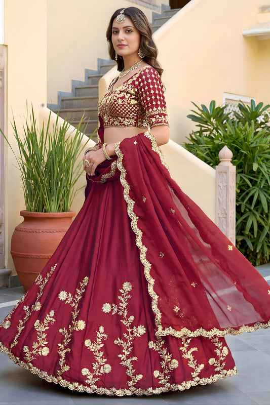 Elegant Maroon Rangoli Silk Lehenga Choli with Embroidery Work and Matching Dupatta