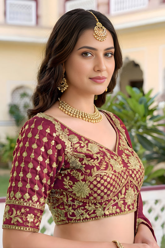 Elegant Maroon Rangoli Silk Lehenga Choli with Embroidery Work and Matching Dupatta