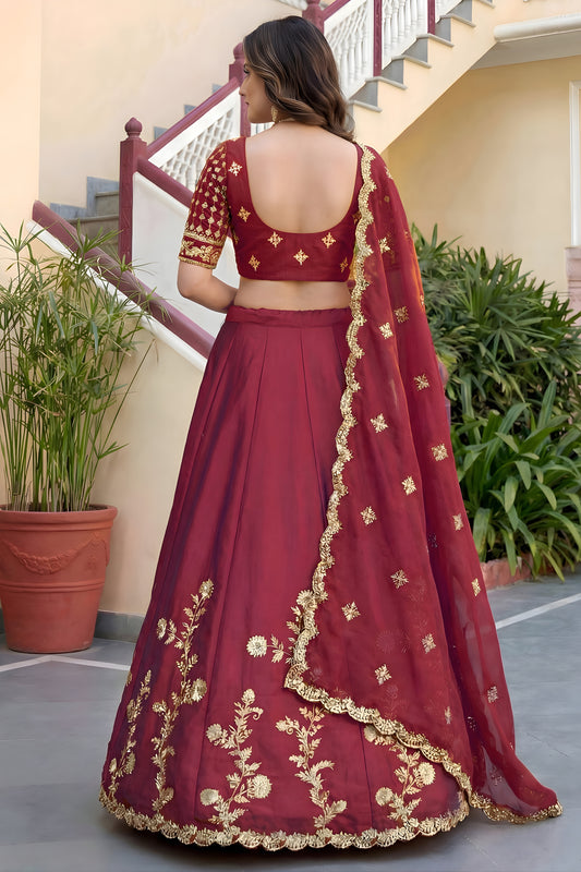 Elegant Maroon Rangoli Silk Lehenga Choli with Embroidery Work and Matching Dupatta