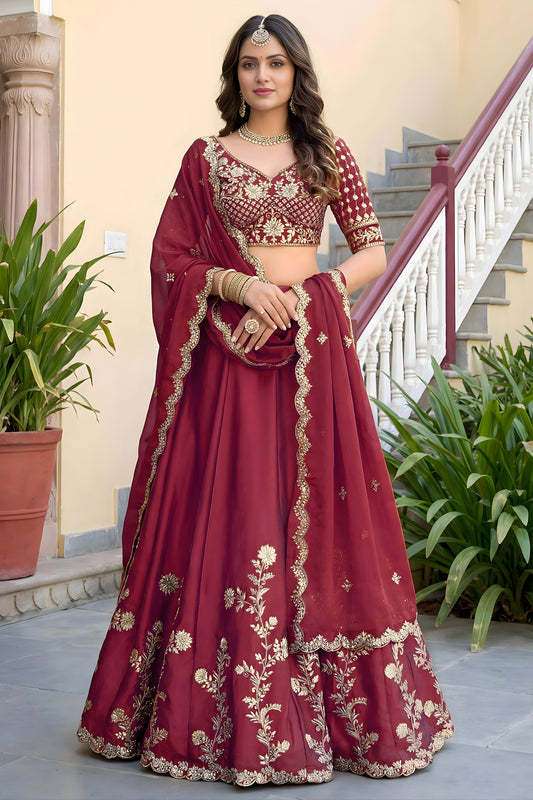 Elegant Maroon Rangoli Silk Lehenga Choli with Embroidery Work and Matching Dupatta