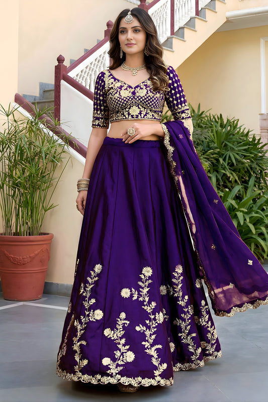 Unique Purple Rangoli Silk Lehenga Choli with Embroidery Work and Matching Dupatta