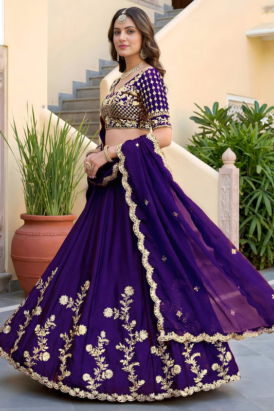 Unique Purple Rangoli Silk Lehenga Choli with Embroidery Work and Matching Dupatta