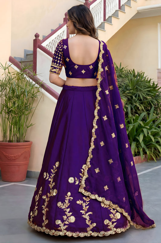 Unique Purple Rangoli Silk Lehenga Choli with Embroidery Work and Matching Dupatta