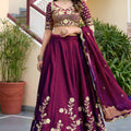 Wonderful Wine Rangoli Silk Lehenga Choli with Embroidery Work and Matching Dupatta for Wedding
