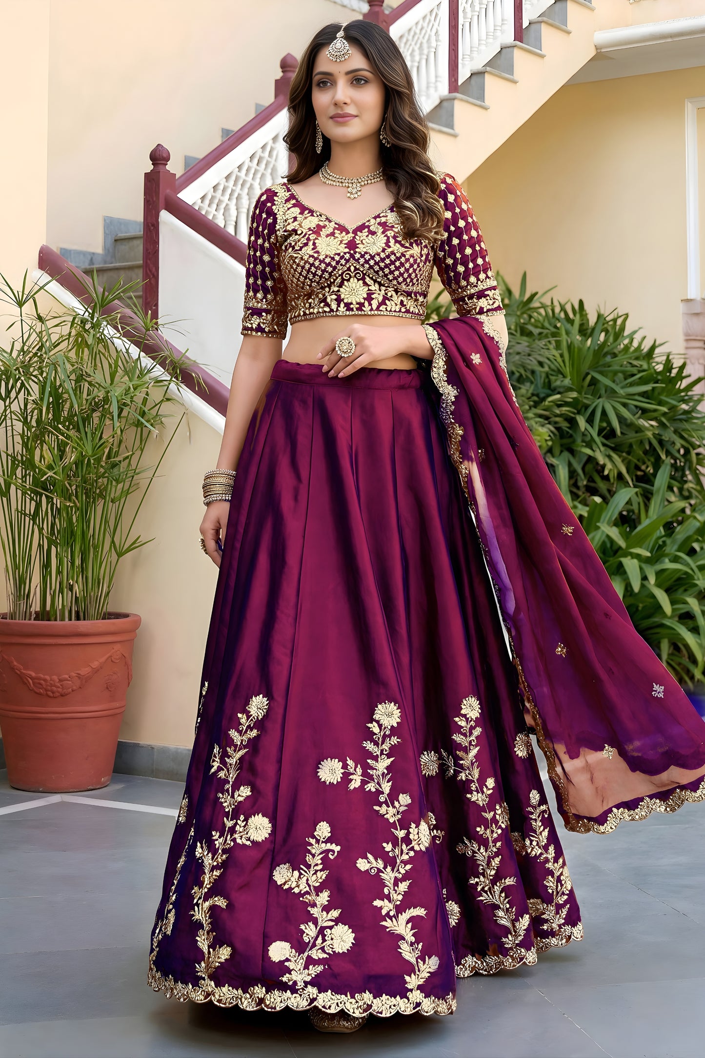 Wonderful Wine Rangoli Silk Lehenga Choli with Embroidery Work and Matching Dupatta for Wedding