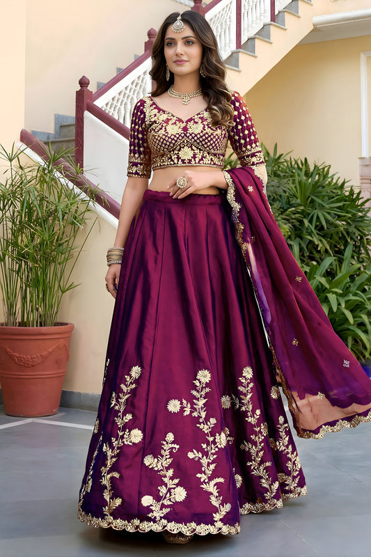 Wonderful Wine Rangoli Silk Lehenga Choli with Embroidery Work and Matching Dupatta for Wedding