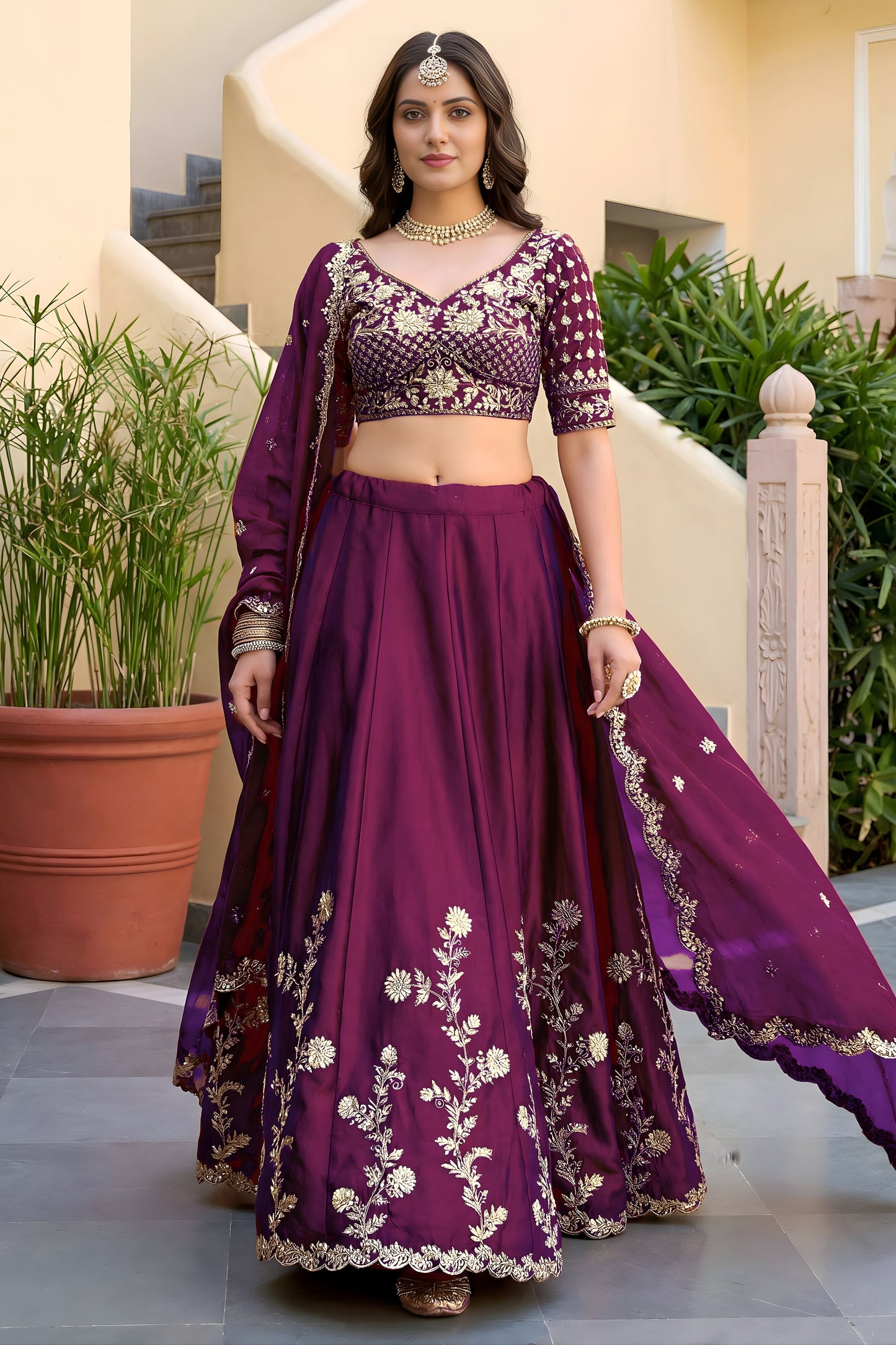 Wonderful Wine Rangoli Silk Lehenga Choli with Embroidery Work and Matching Dupatta for Wedding