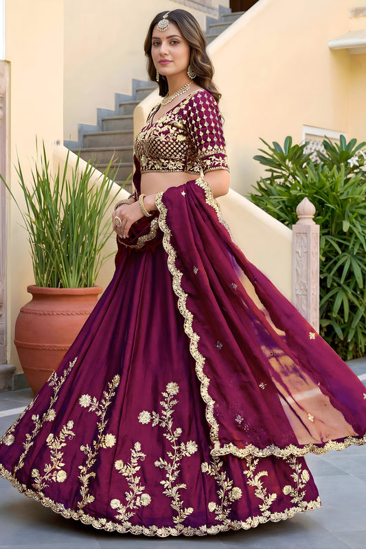 Wonderful Wine Rangoli Silk Lehenga Choli with Embroidery Work and Matching Dupatta for Wedding