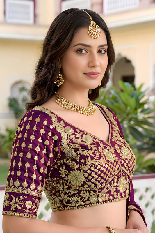 Wonderful Wine Rangoli Silk Lehenga Choli with Embroidery Work and Matching Dupatta for Wedding