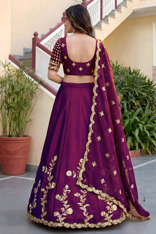 Wonderful Wine Rangoli Silk Lehenga Choli with Embroidery Work and Matching Dupatta for Wedding