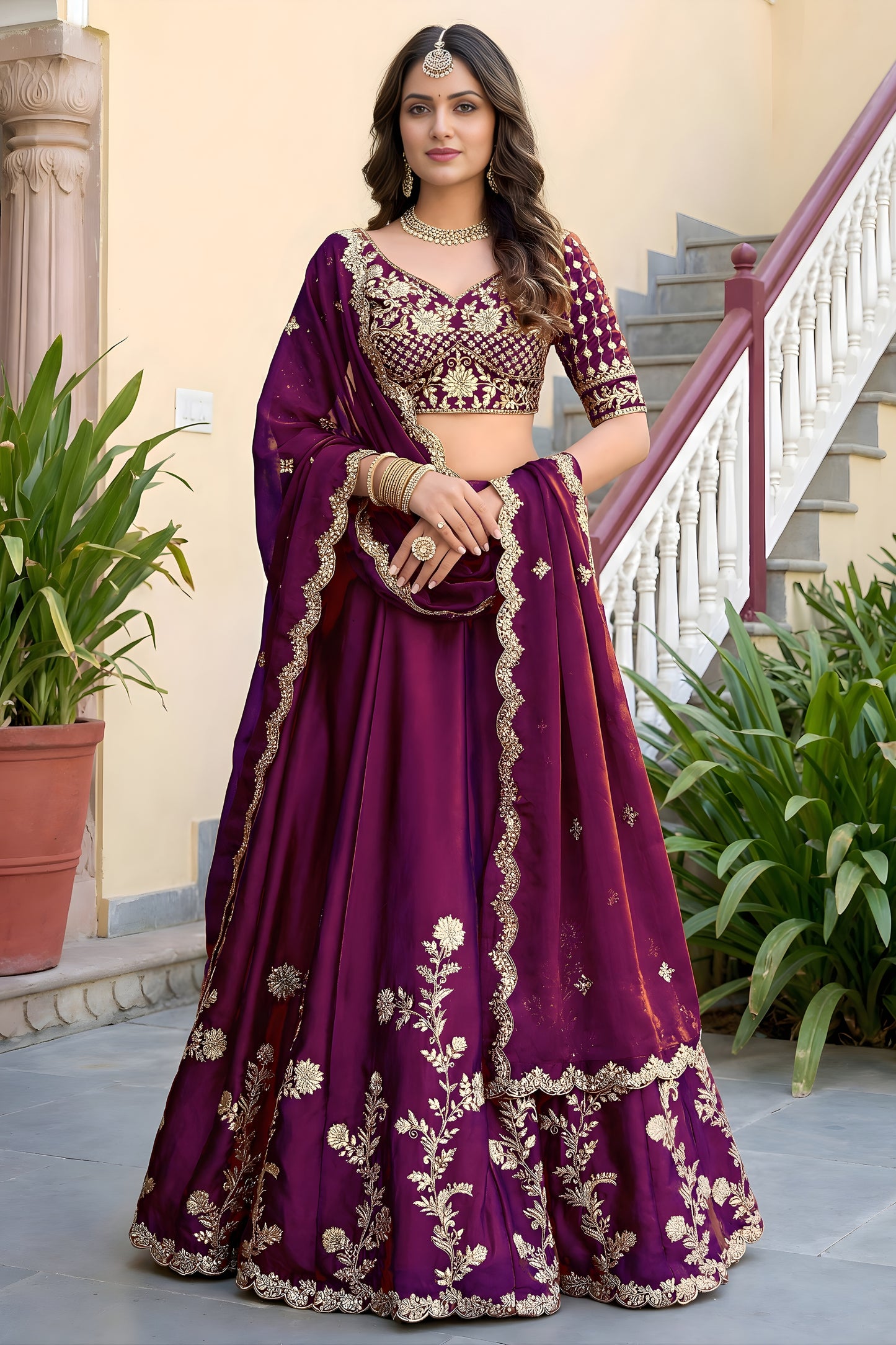 Wonderful Wine Rangoli Silk Lehenga Choli with Embroidery Work and Matching Dupatta for Wedding