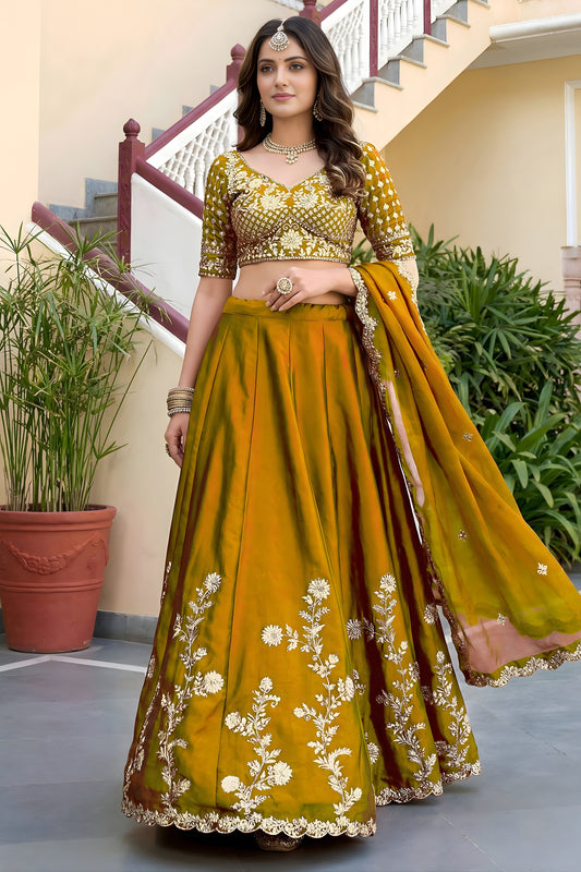 Vibrant Mustard Yellow Rangoli Silk Lehenga Choli with Embroidery Work and Matching Dupatta