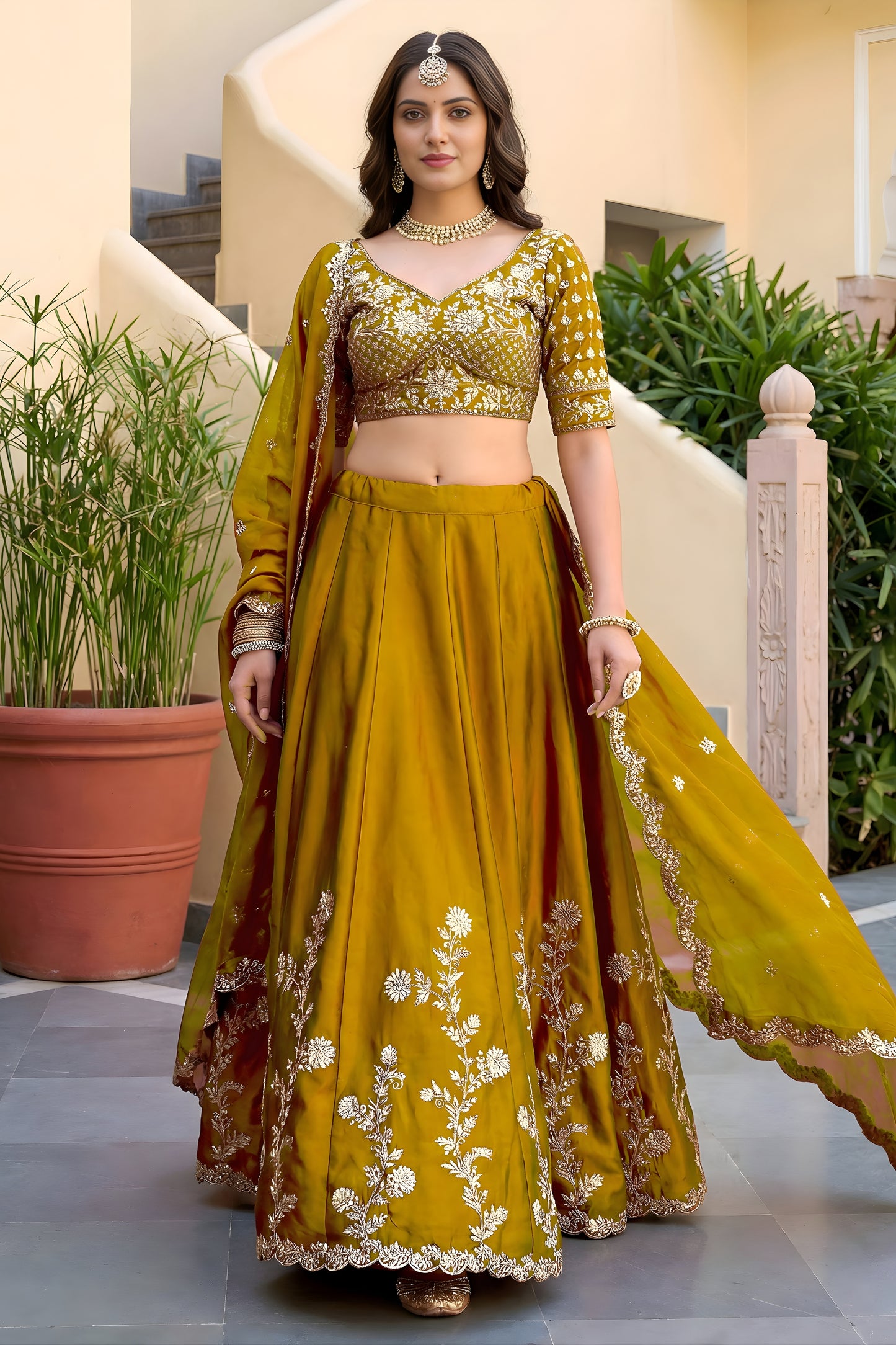 Vibrant Mustard Yellow Rangoli Silk Lehenga Choli with Embroidery Work and Matching Dupatta