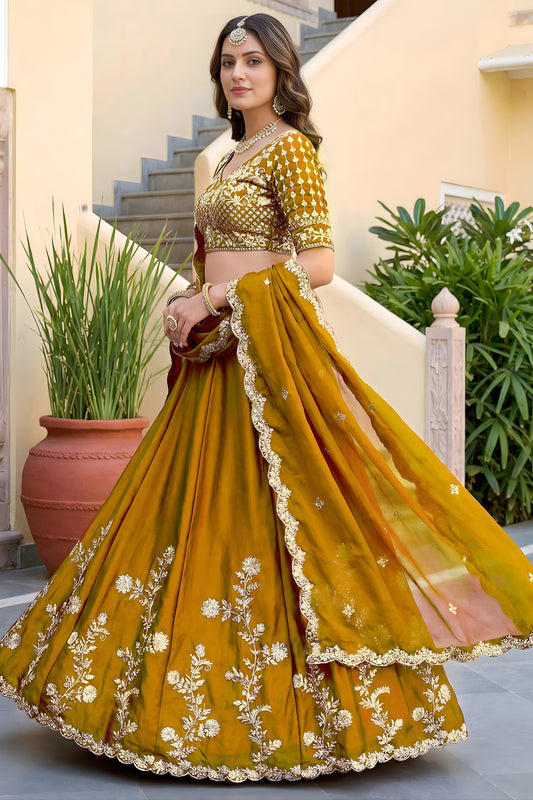 Vibrant Mustard Yellow Rangoli Silk Lehenga Choli with Embroidery Work and Matching Dupatta