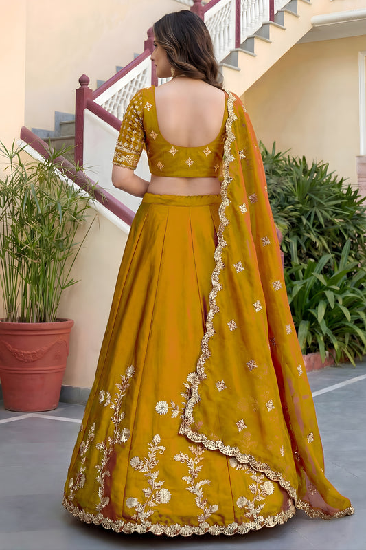 Vibrant Mustard Yellow Rangoli Silk Lehenga Choli with Embroidery Work and Matching Dupatta