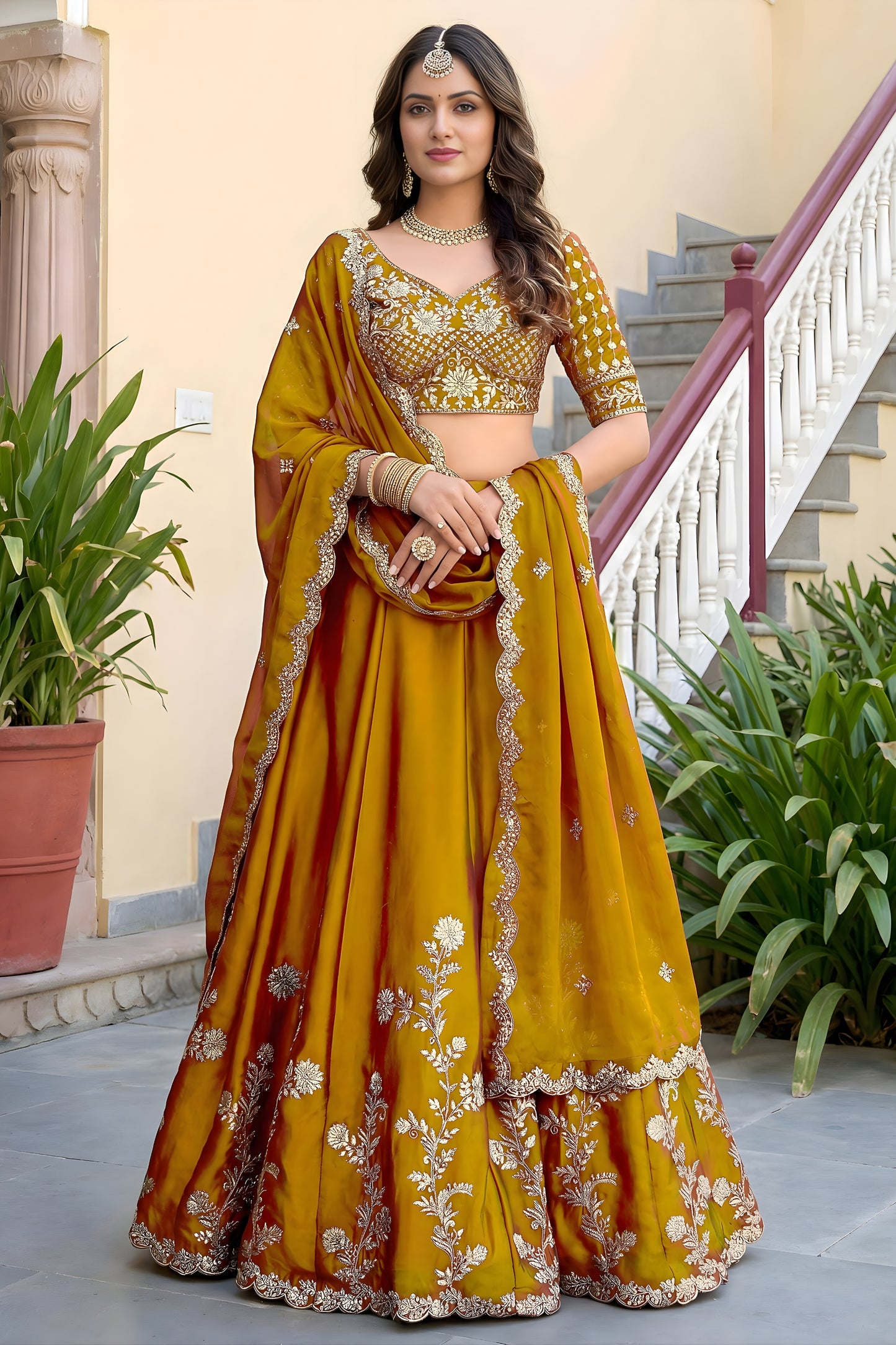 Vibrant Mustard Yellow Rangoli Silk Lehenga Choli with Embroidery Work and Matching Dupatta