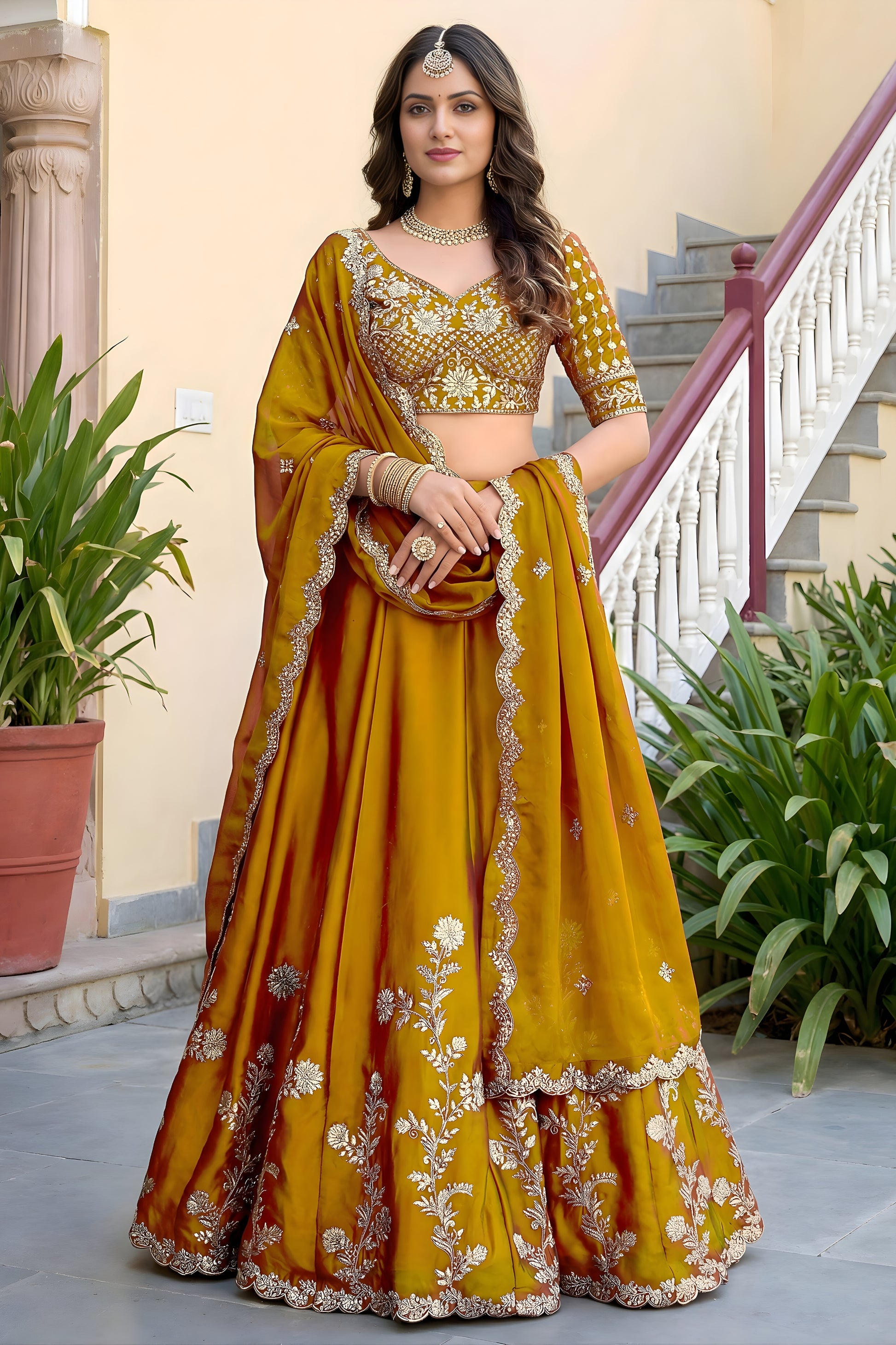Vibrant Mustard Yellow Rangoli Silk Lehenga Choli with Embroidery Work and Matching Dupatta
