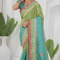 Sea Green Silk Saree Pink Gold Embroidered Border Designer Saree
