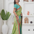 Sea Green Silk Saree Pink Gold Embroidered Border Designer Saree