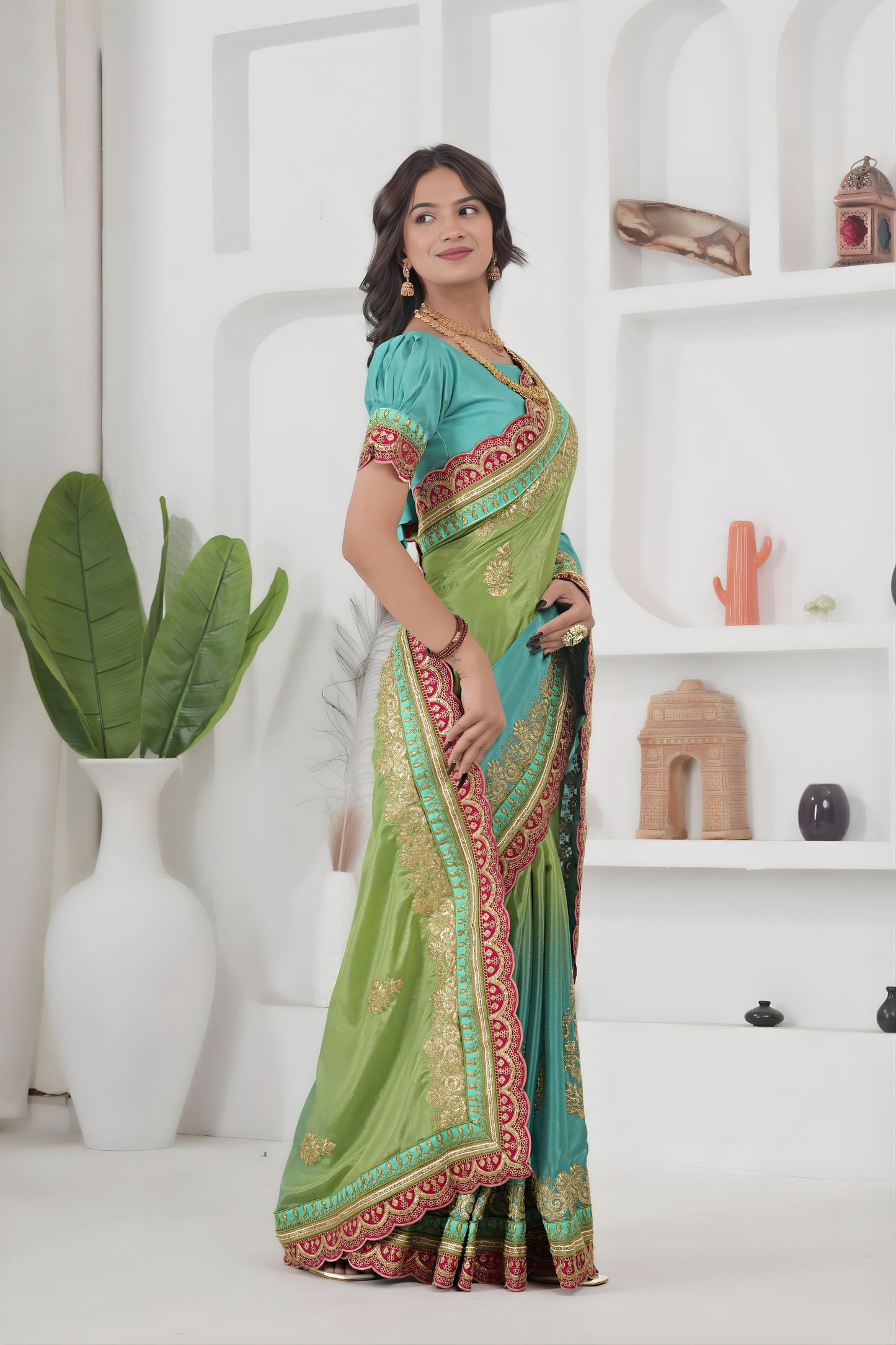 Sea Green Silk Saree Pink Gold Embroidered Border Designer Saree