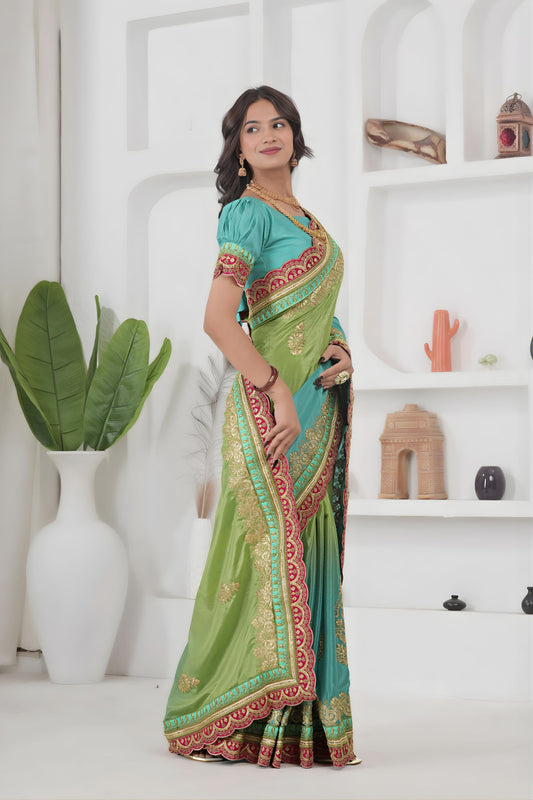 Sea Green Silk Saree Pink Gold Embroidered Border Designer Saree