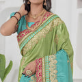 Sea Green Silk Saree Pink Gold Embroidered Border Designer Saree