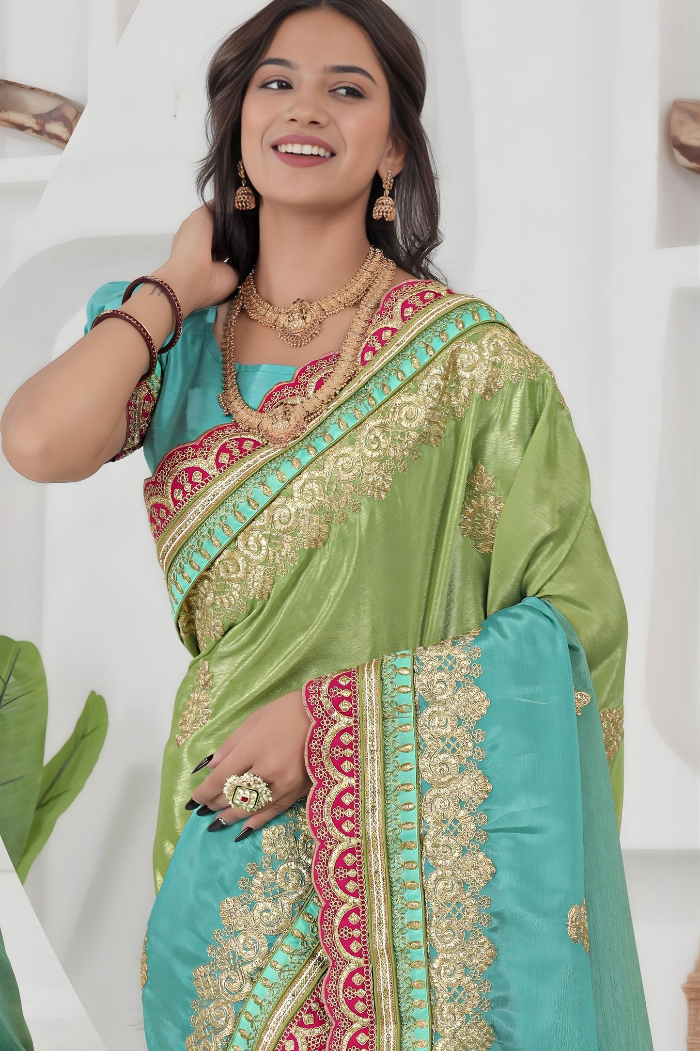 Sea Green Silk Saree Pink Gold Embroidered Border Designer Saree