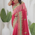 Pink Silk Saree with Gold Embroidery Turquoise Border Designer Saree